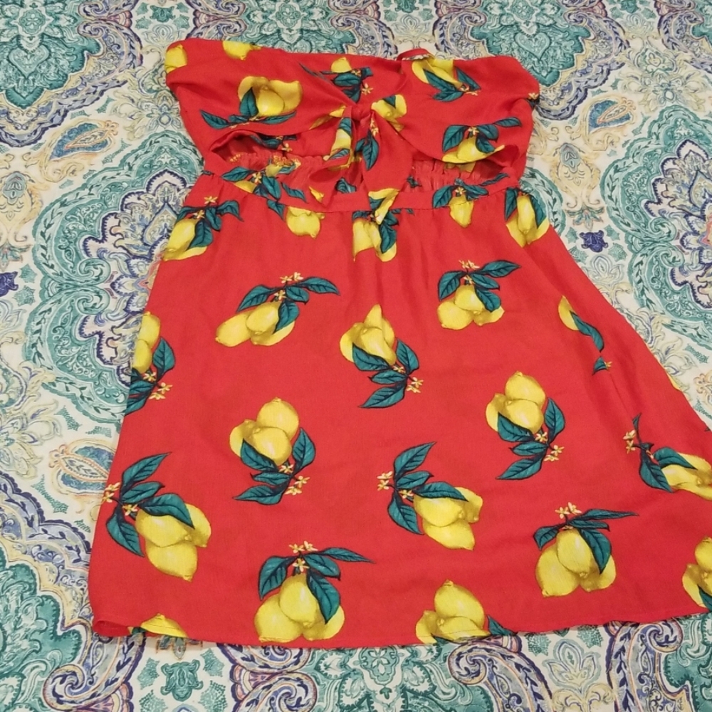 Red floral strapless dress